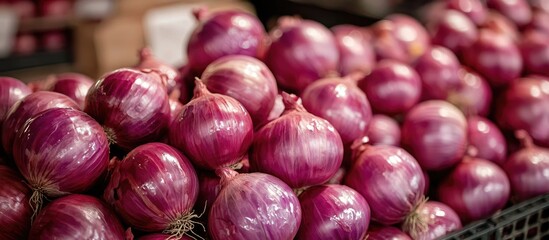 Red Onions Displayed In Local Farmers Warehouse Background Of Big Red Onion