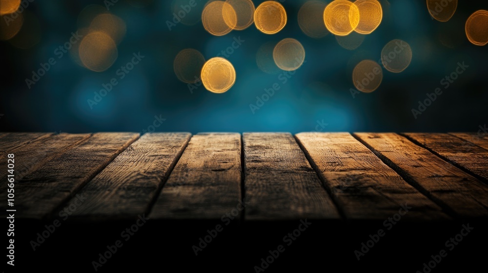 Poster wooden table with soft bokeh lighting on a dark backdrop high quality image