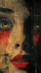 Abstract Portrait of a Woman with Red Lips and Yellow Eyes