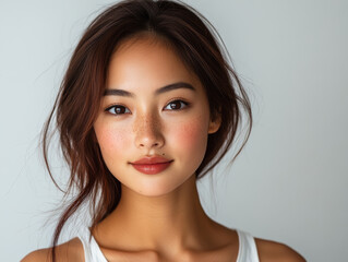Naklejka premium captivating portrait of young woman with natural beauty, showcasing flawless skin and subtle freckles. Her expression radiates confidence and charm, perfect for cosmetics and skincare theme