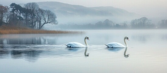 Two Swans Swim On Lake Water