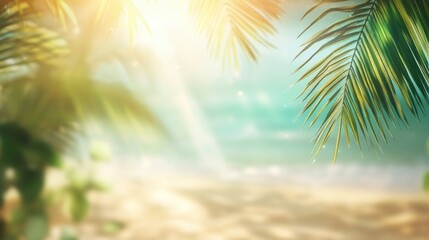 Abstract blurred background featuring a tropical beach scene with sunlight rays Golden sand clear water and palm leaves under a bright sky create a summer vacation vibe Copy space available