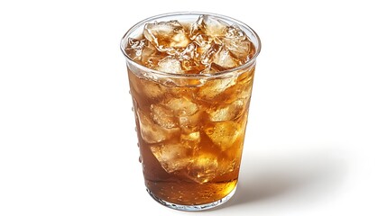 A clear plastic cup of iced tea with ice cubes.


