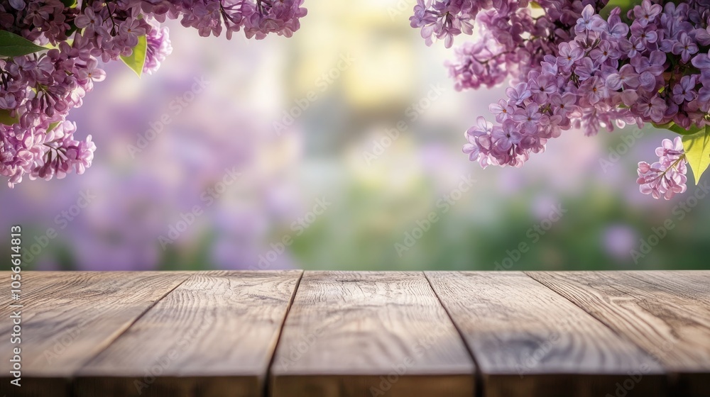 Aufkleber empty wooden table surface with a blurred abstract lilac spring backdrop