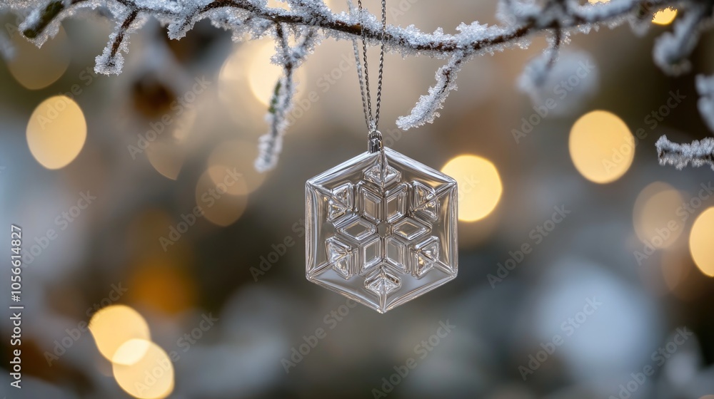 Poster a delicate silver cube snowflake ornament dangles from a frosted branch softly glowing with warm hol