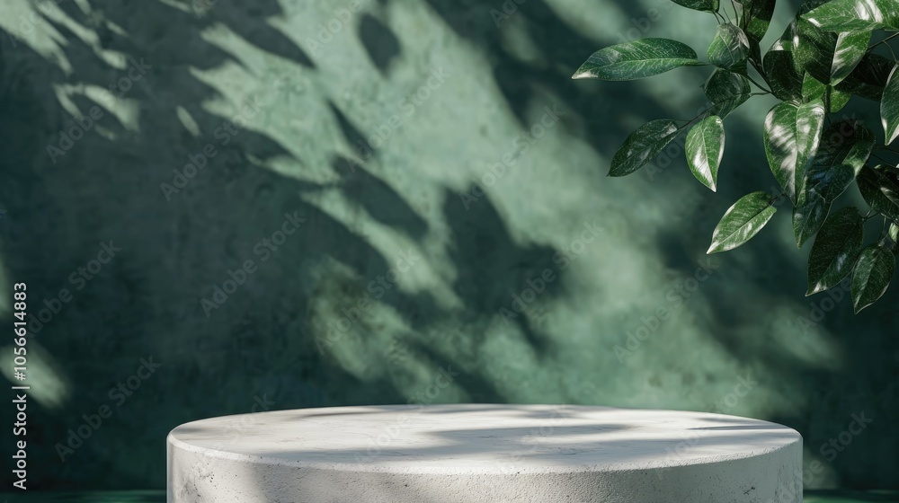 Aufkleber white stone display podium casting shadows from leaves against a green backdrop 3d rendering