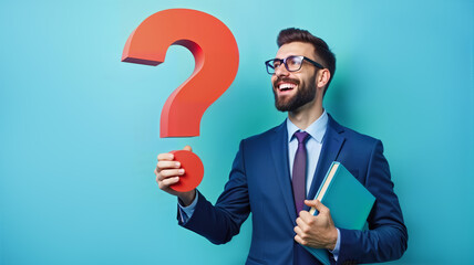 A businessman in a suit holds a red question mark and a book, smiling, on blue background. For educational content, consulting services, or marketing materials, symbolizing inquiry and knowledge