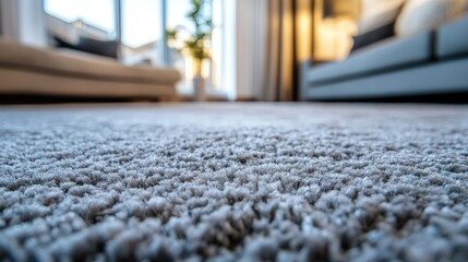 Close up of a plush carpet with a softly blurred stylish living room setting in the background