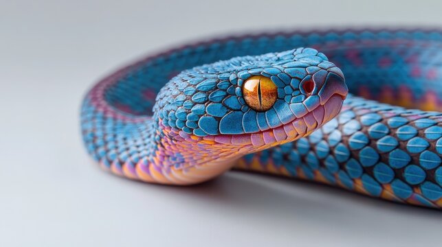 Close up of a vividly colored trimeresurus purpureomaculatus snake on a pale surface showcasing the unique features of this distinct viper variety against a simple background