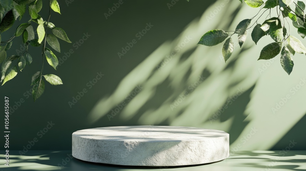 Aufkleber white stone display podium casting shadows from leaves against a green backdrop 3d rendering