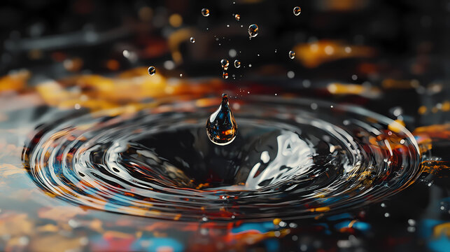 Microscopic view of a single droplet of water suspended in oil, showcasing the intricate dance of fluid dynamics and surface tension in high contrast. Water Droplet Effect. Illustration