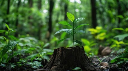 New Green Plant Growing From Tree Stump Surrounded by Lush Forest Vegetation