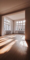Obraz premium A large room with two windows and a white wall. The room is empty and has a very clean and simple look