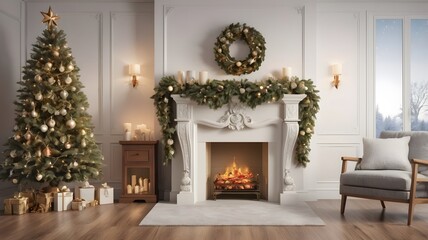 A cozy fireplace adorned with Christmas decorations, nestled beneath a beautifully decorated Christmas tree
