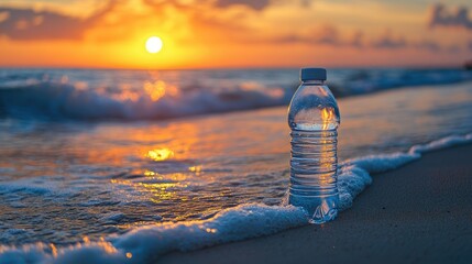 A modern water bottle rests on the sandy beach while soft waves wash ashore against a backdrop of a colorful sunset
