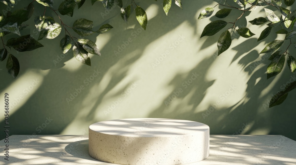 Aufkleber white stone display podium casting shadows from leaves against a green backdrop 3d rendering