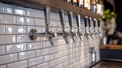 A series of sleek chrome beer taps are installed on a tiled wall in a contemporary bar environment