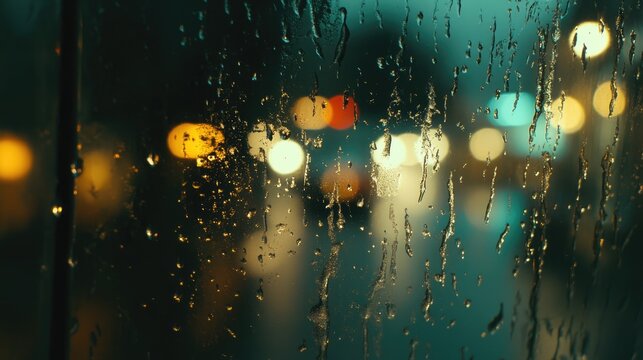 Raindrops on a glass window during a rainy night