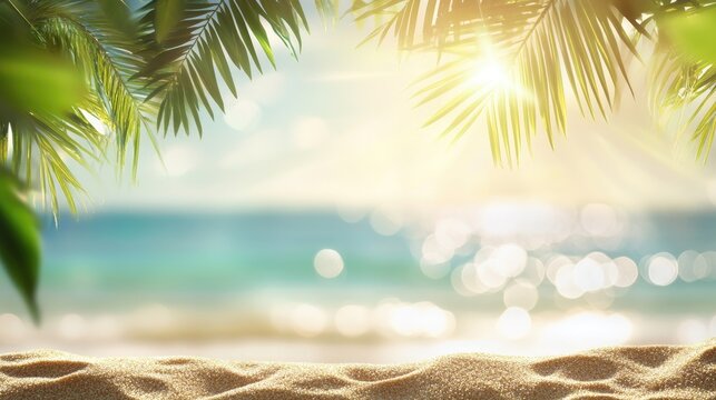 Abstract blurred background featuring a tropical beach scene with sunlight rays Golden sand clear water and palm leaves under a bright sky create a summer vacation vibe Copy space available - Powered by Adobe
