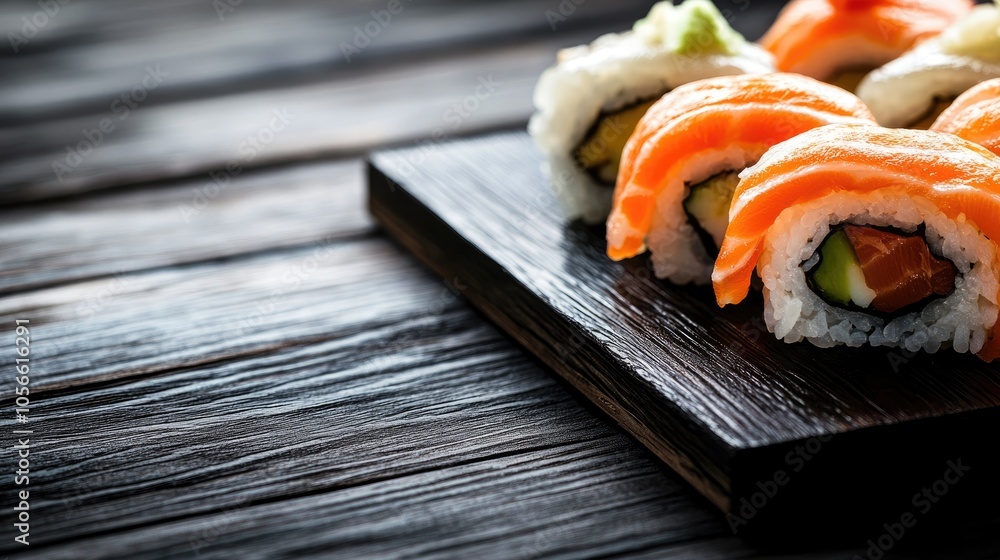 Poster sushi presentation on a dark wooden surface featuring ample empty space for text