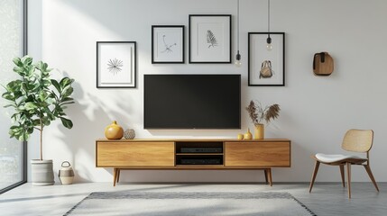 Scandinavian inspired living room featuring a contemporary television cabinet and decorative wall frames