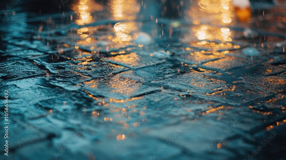 Poster rain droplets on a wet floor surface creating a reflective background atmosphere