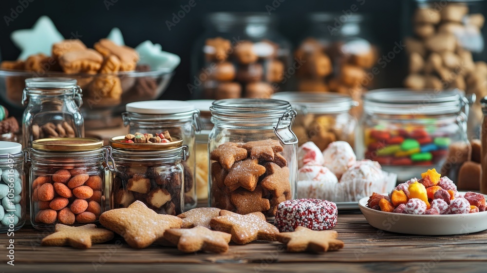 Poster gingerbread cookies and assorted sweets arranged in jars on a rustic wooden table