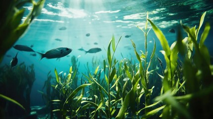 Underwater view of a blue sea showcasing spirulina algae and fish in a natural ocean farm environment