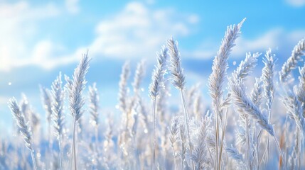 Fototapeta premium In a frosty wheat field delicate shoots adorned with tiny ice crystals emerge presenting a stunning scene against a serene blue sky filled with soft white clouds