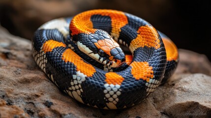 Obraz premium Vibrant King Snake Coiled on a Rocky Surface in its Natural Habitat