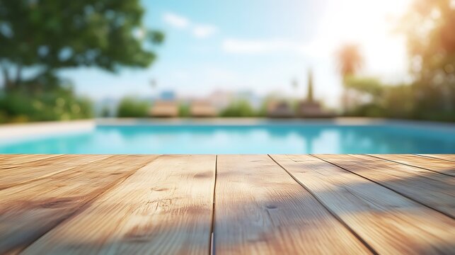 A wooden deck with a blurry view of a pool and trees in the background.