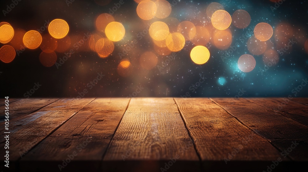 Aufkleber wooden table with soft bokeh lighting on a dark backdrop high quality image