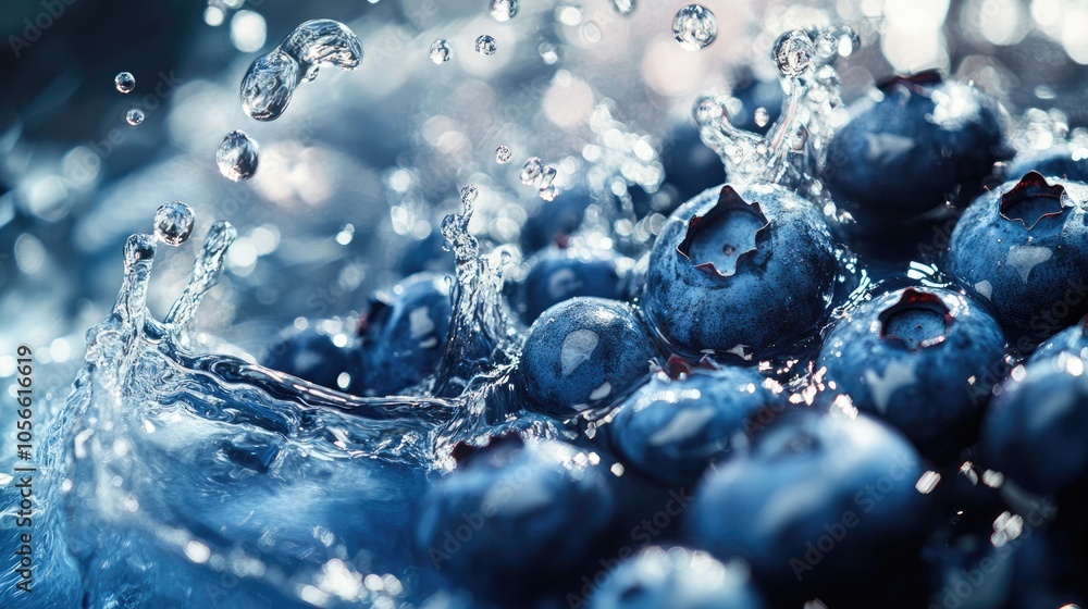 Poster fresh blueberries submerged in water creating splashes and droplets
