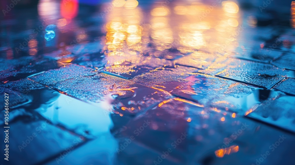 Poster rain droplets on a wet floor surface creating a reflective background atmosphere