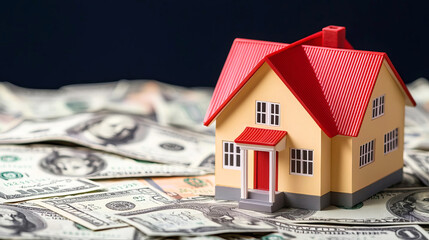 Small house on heap US dollar banknote background Inflation economy crisis