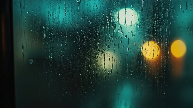 Raindrops on a glass window during a rainy night
