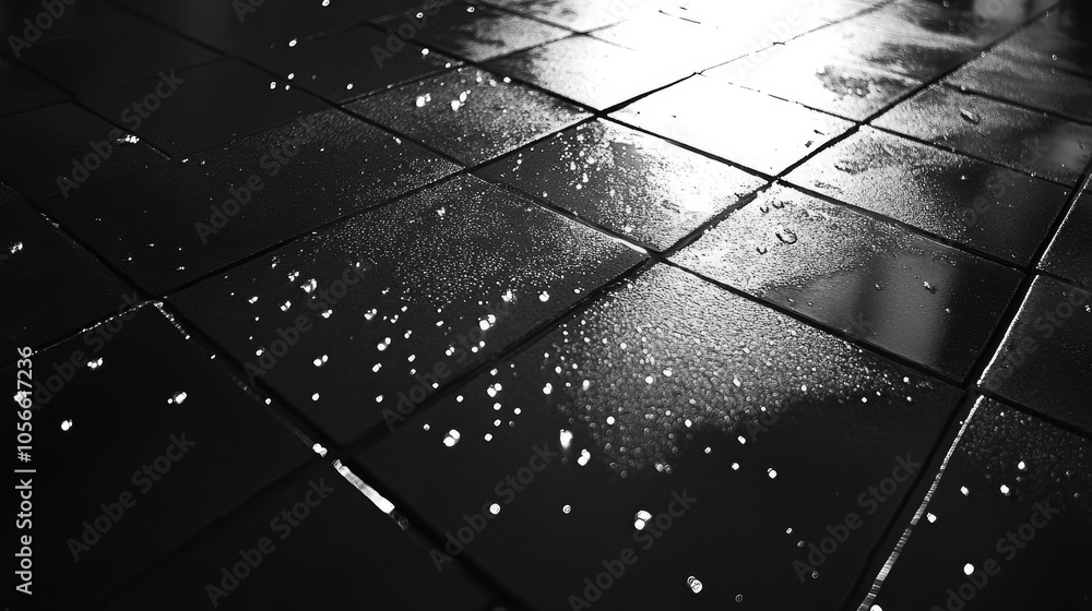 Aufkleber rain droplets on a wet floor surface creating a reflective background atmosphere