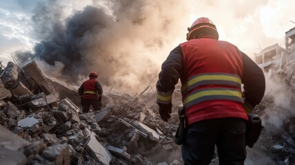 Firefighters responding to a disaster amidst rubble and smoke.