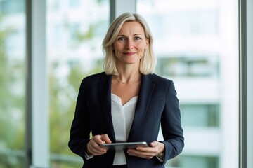 Happy busy middle aged professional business woman using digital tablet computer in office. mature lady manager, female corporate executive holding tab standing at work.