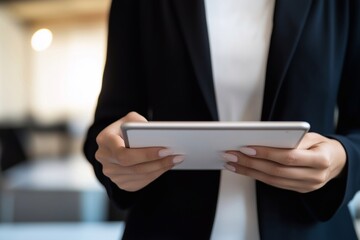 Busy professional business woman using digital tablet computer in office. mature lady manager, female corporate executive holding tab standing at work.