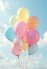 Obraz premium A Vibrant Collection of Pastel Balloons Floating Against a Cloudy Sky, Perfect for Celebrating Joyful Moments