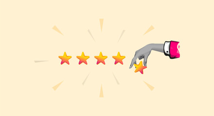 Feedback or rating concept banner. Good review, supporting client service successful. hand holds golden star. feedback or rating. Creative trend Collage Art Vector illustration