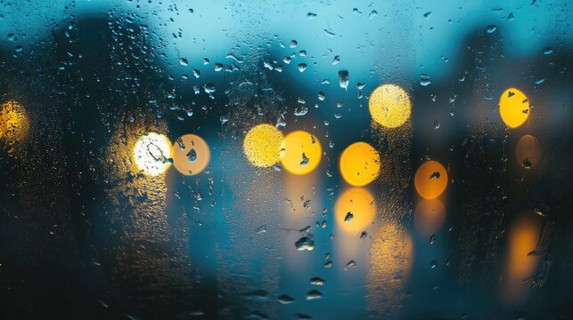 Raindrops on a glass window during a rainy night - Powered by Adobe
