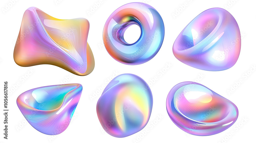 Aufkleber set of holographic twisted liquid shapes on a transparent background generative ai