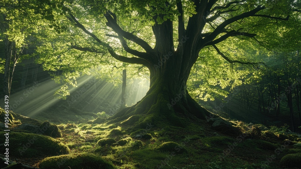 Aufkleber a majestic beech tree stands in a moody forest setting during spring illuminated by sunlight that en