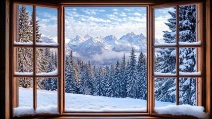 Winter mountain and forest scenery viewed through a cottage window featuring a snow covered landscape perfect for seasonal product presentations