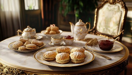 Fototapeta premium An elegant tea table set with an array of Victorian-era cookie