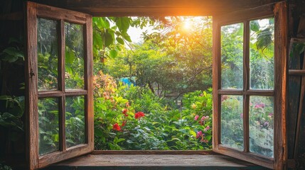 Colorful vintage window in a morning garden showcasing nature and the environment perfect for decorative design
