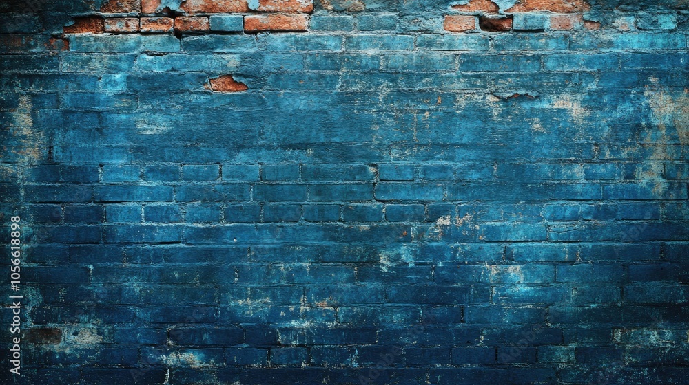 Poster textured blue background featuring an empty space for text showcasing a weathered brick wall structu