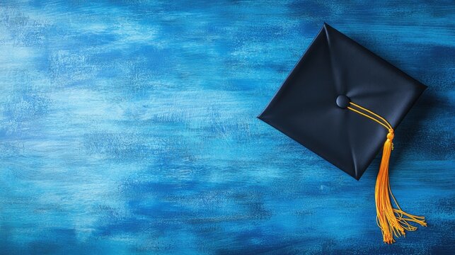 Education and graduation theme featuring a graduation cap against a blue backdrop with space available for inputting text related to courses study or learning